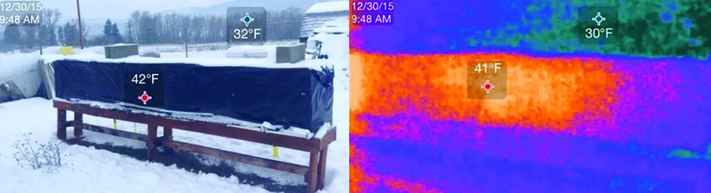 Pallets of hives in wintering shed, SEEK THERMAL COMPACT, 32,136 Radiometric Pixels