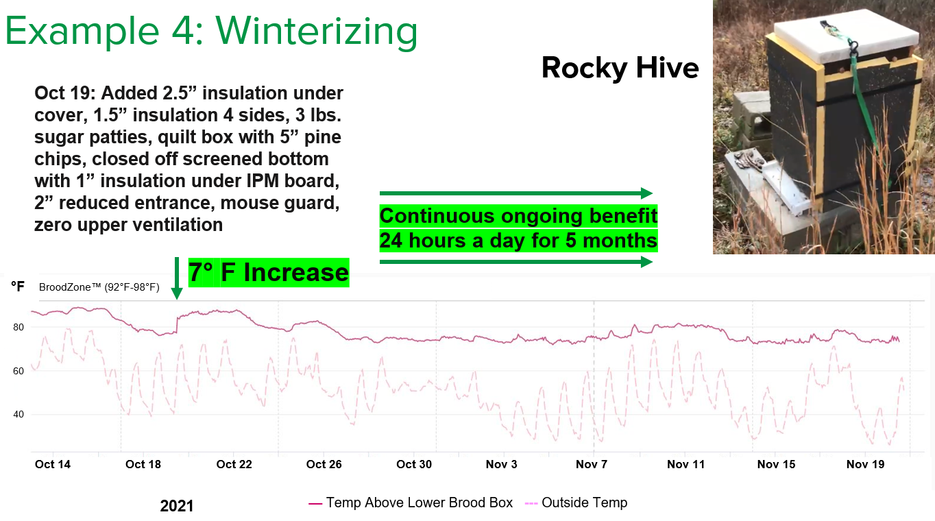 Figure 3: This BroodMinder graph shows a discernible 7°F increase in temperature inside the colony on the day I winterized them. Photo Credit: Theresa J. Martin