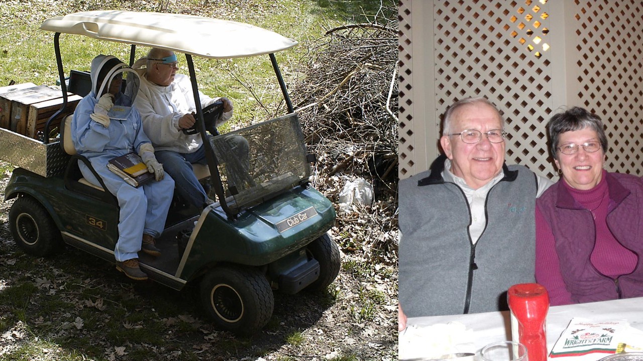Beekeepers Jim Metcalf and his late wife Sandy headed to the beeyard (left) and celebrating 50 years of marriage (right). Photo credit: Jim Metcalf