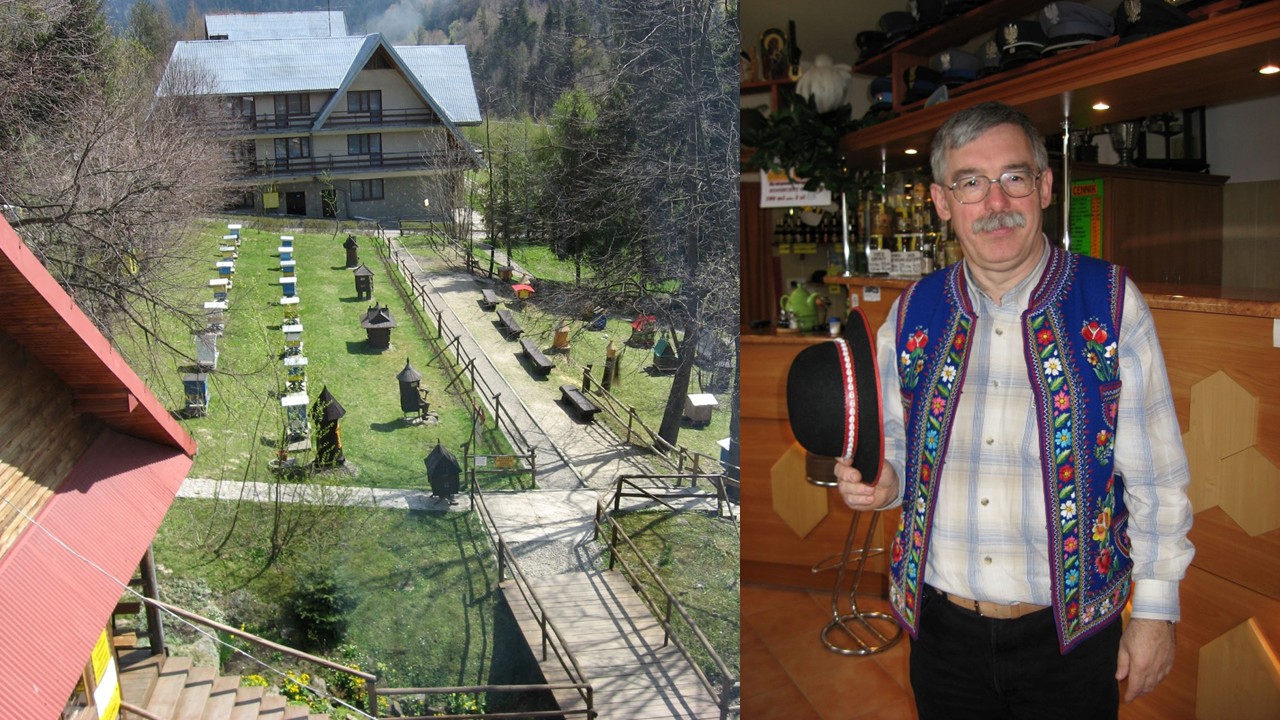 Jacek Nowak’s apiary in the southern mountains of Poland (left) and Jacek Nowak (right). Photo credit: Jim Metcalf