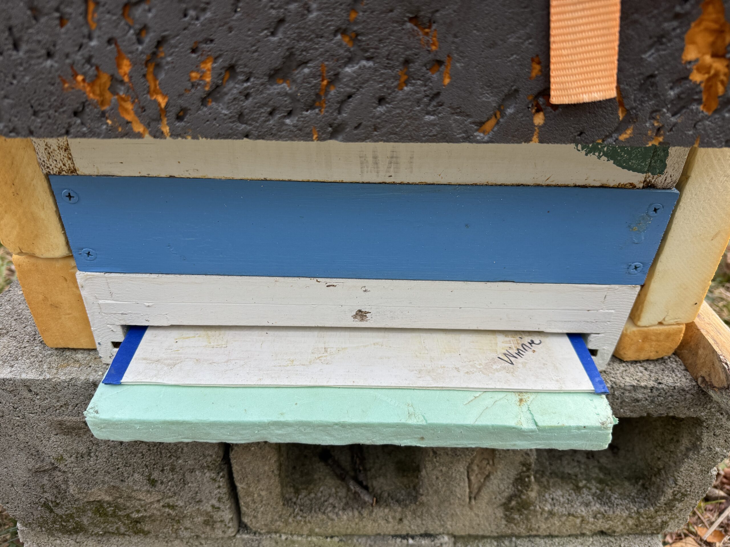 Figure 8. I modified my screened bottom boards to create enough space underneath to insert the integrated pest management (IPM) board and under that, 1” thick foam insulation. A tree cavity has infinite insulation below the cavity. Adding insulation under the hive is a step closer to the colony’s preferred environment. Photo Credit: Theresa Martin