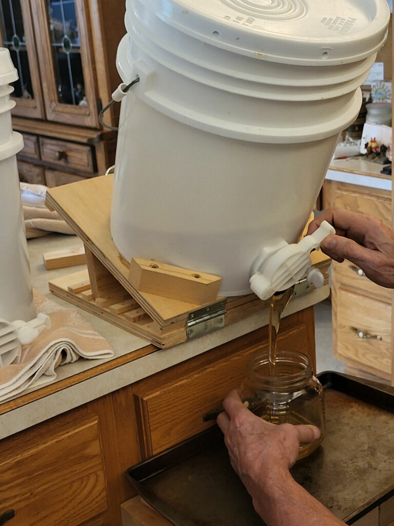 A bucket tilting platform eliminates any surface foam from collection bottles for all but the last few pounds of honey. More detailed instructions on making this platform were given on page 82 in the September 2022 issue of Bee Culture Magazine.
Photo Credit: Richard Wahl.